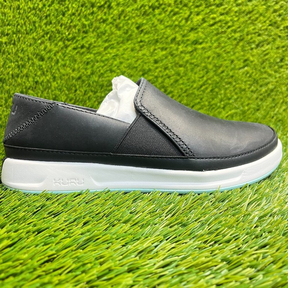 KURU Black Leather Slip-On Loafers with White Sole